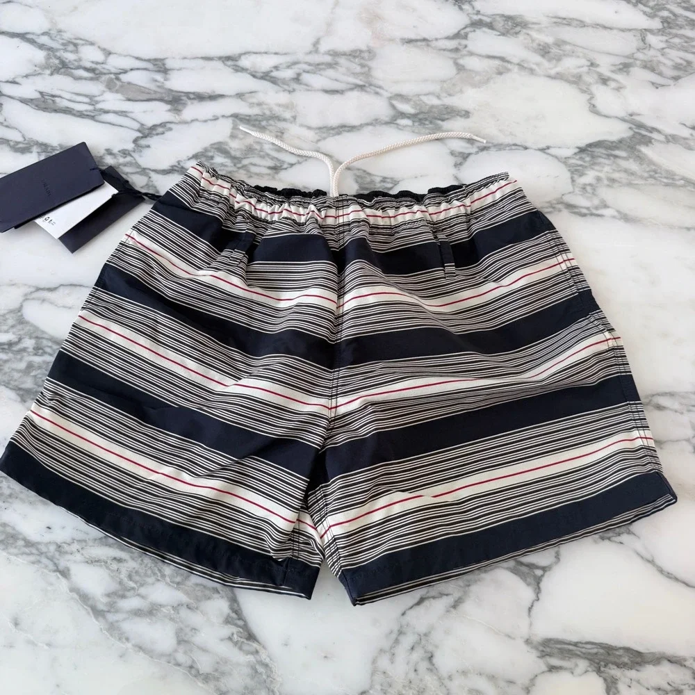 Prada UB378 Men's Medium Navy Blue White striped technical fabric swim trunks